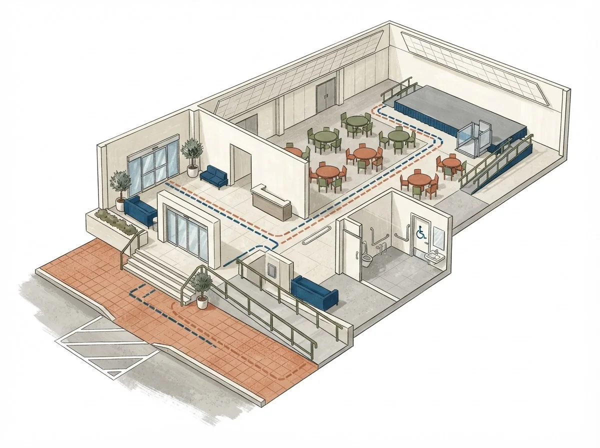 Planning illustration: Ask about the whole accessible route, not one ramp
