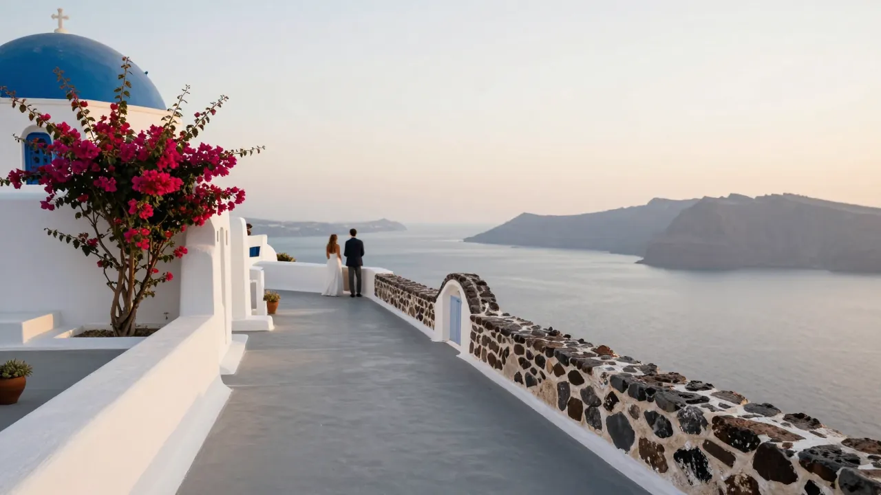 Whitewashed terrace with a smooth path and handrail overlooking the caldera at golden hour.