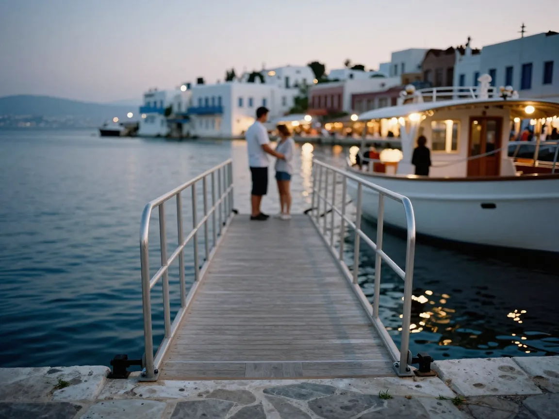 Στιβαρή σκάλα με χειρολισθήρες από πέτρινη προβλήτα σε γιοτ το σούρουπο, μέλος πληρώματος βοηθά επισκέπτη από πίσω.