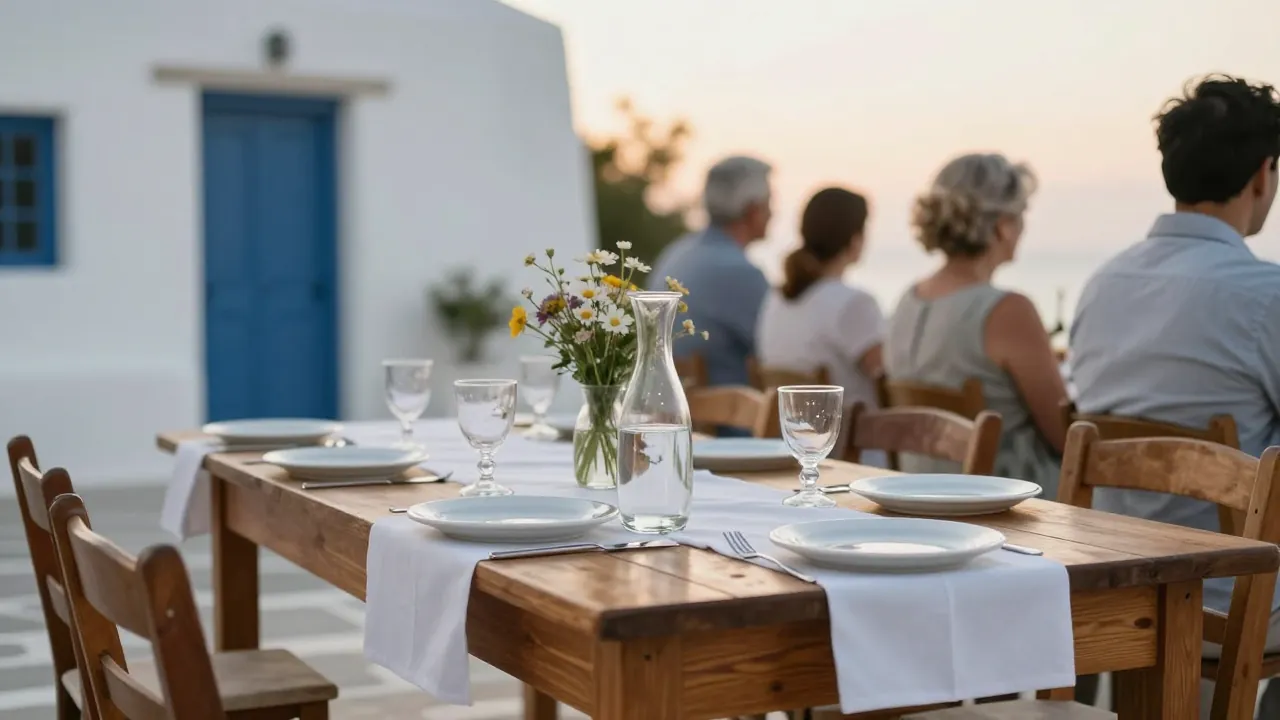 Outdoor baptism reception table with simple white decor and wildflowers in a Greek courtyard.