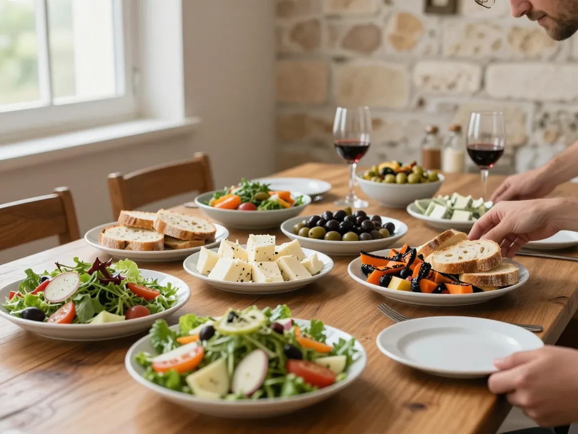 Greek buffet with salads, olives, cheese and bread on a wooden table, natural light, guest's hand reaching.