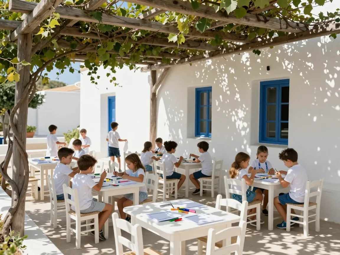 Shaded children's play area with wooden tables and crayons at a Greek outdoor event, seen from a distance.