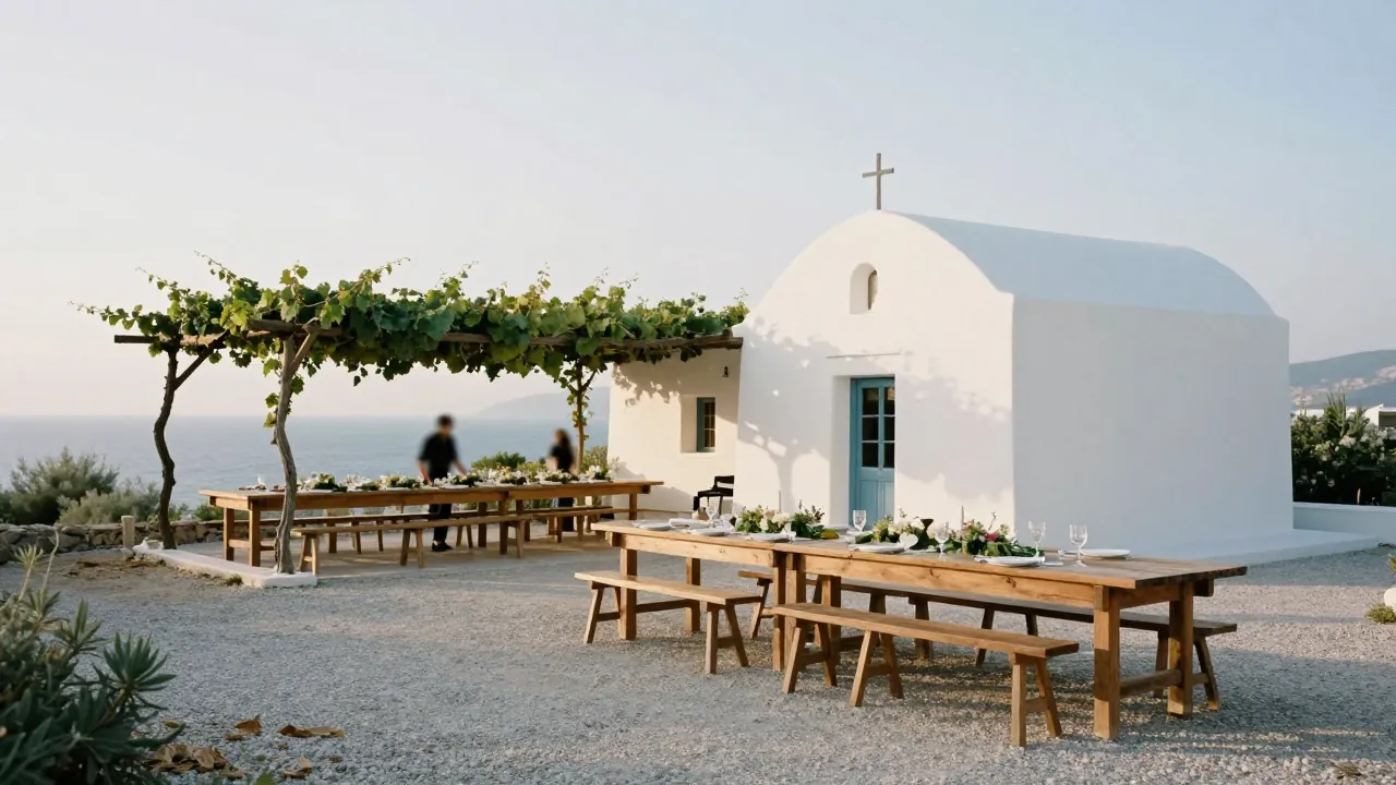 A simple wedding estate in Attica with whitewashed chapel and pergola-covered tables.