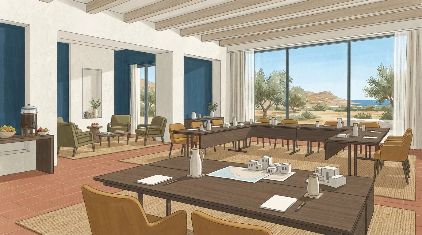 Illustrated venue setting: An Athens airport meeting: plan for uneven arrivals