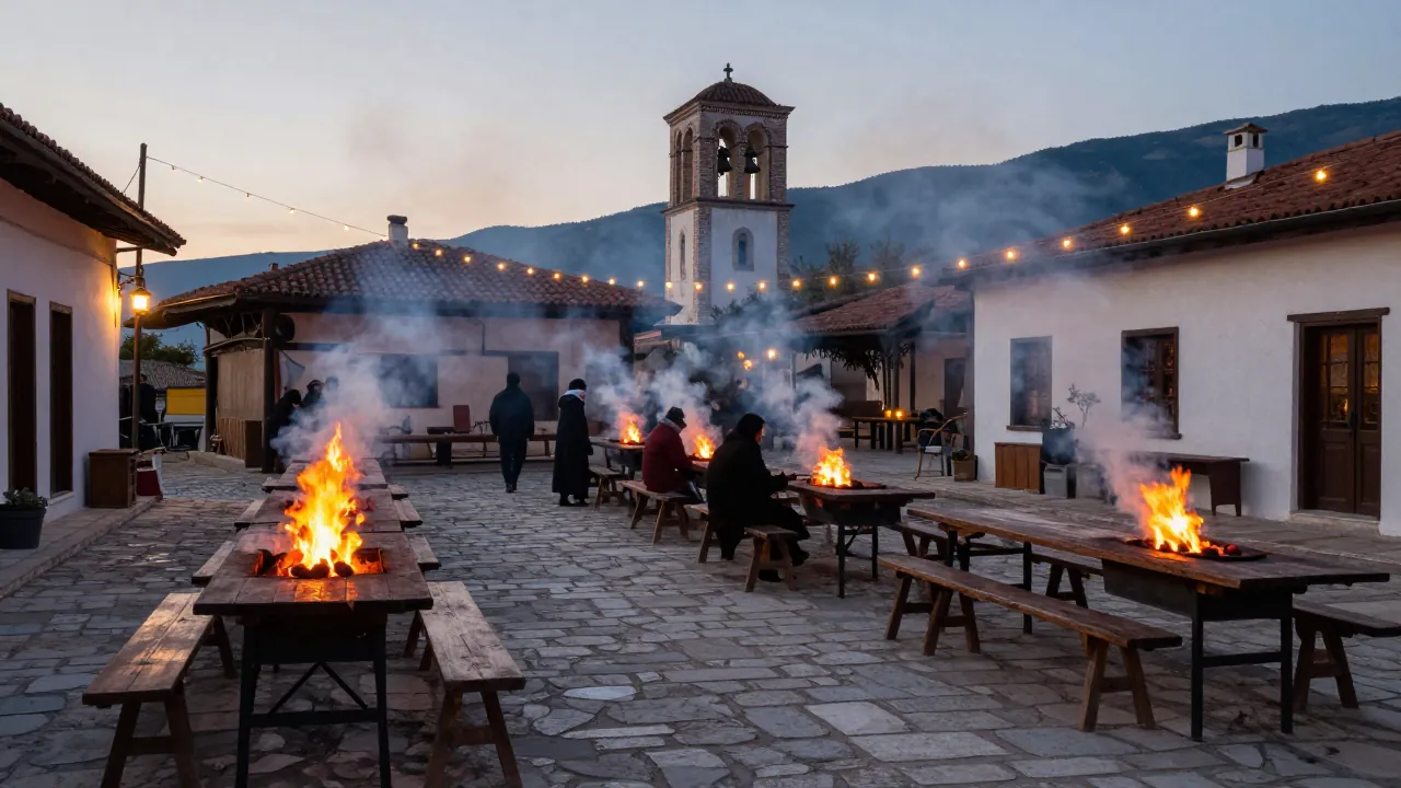 Mountain village square at dusk with long tables, glowing grills and blurred figures in carnival costume.