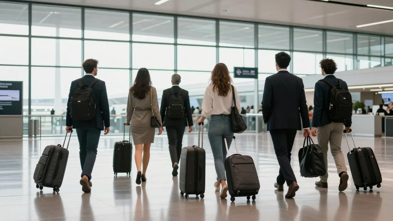 Group of travellers with luggage walking through a bright airport arrivals hall, seen from behind.