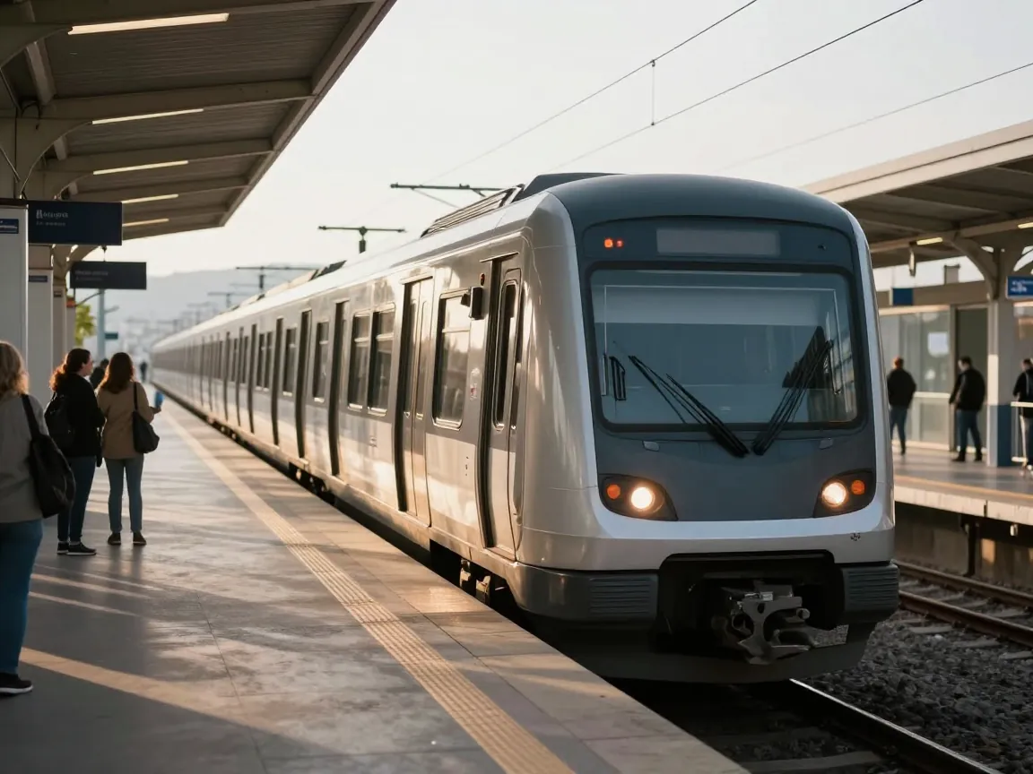 Suburban metro train at an elevated station platform with waiting passengers in the distance.