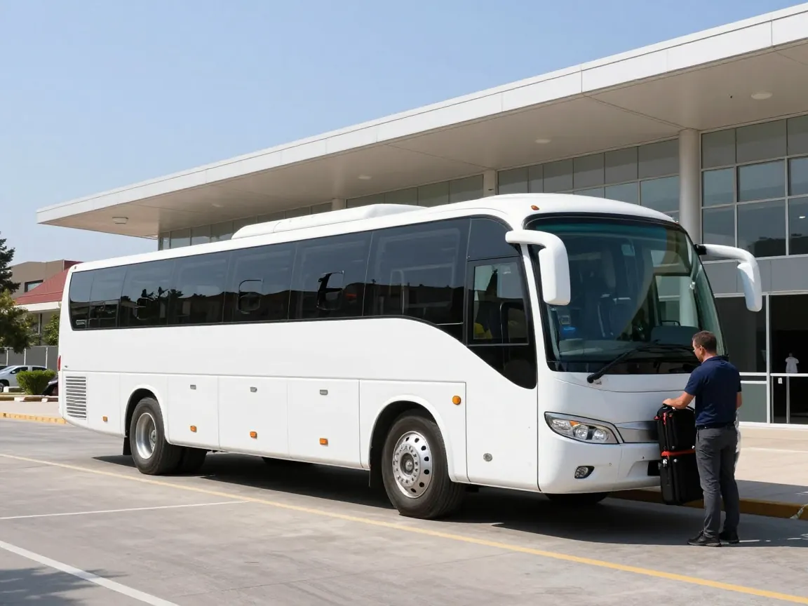 White coach parked outside a conference venue, driver checking luggage compartment, seen from afar.