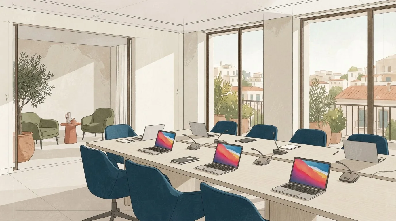 Illustrated venue setting: A 12-person Athens board meeting needs a table test