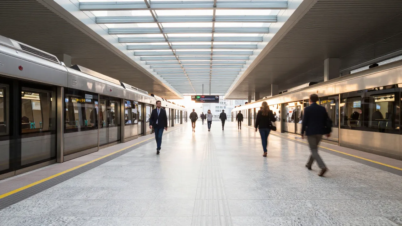 Sunlit metro platform with marble floors and distant commuters walking away