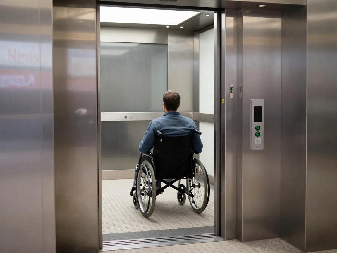 Wheelchair user from behind approaching an accessible elevator in a metro station
