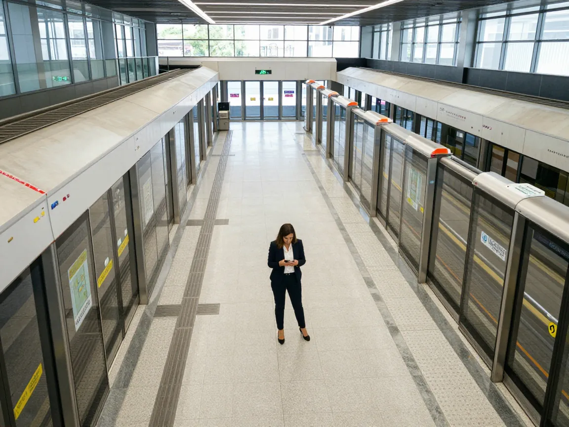 Businesswoman checking phone in a metro concourse, seen from above and behind
