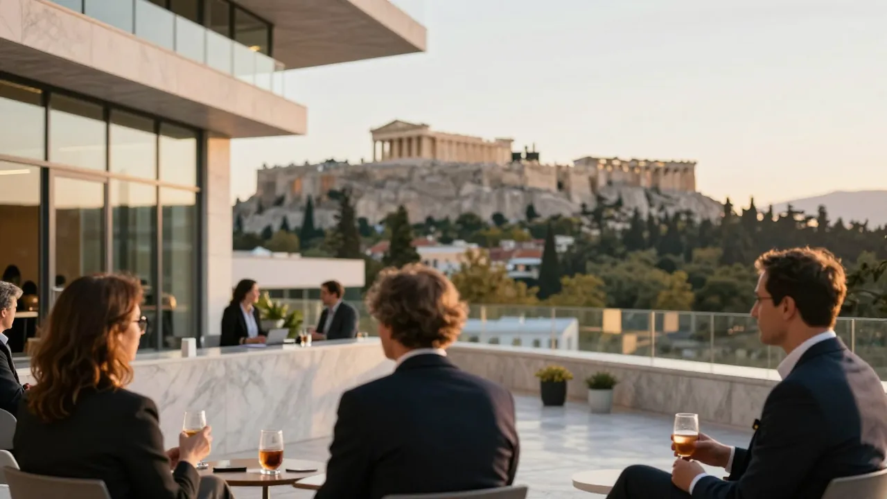 Conference attendees on a sunlit Athens terrace with the Acropolis in the background.