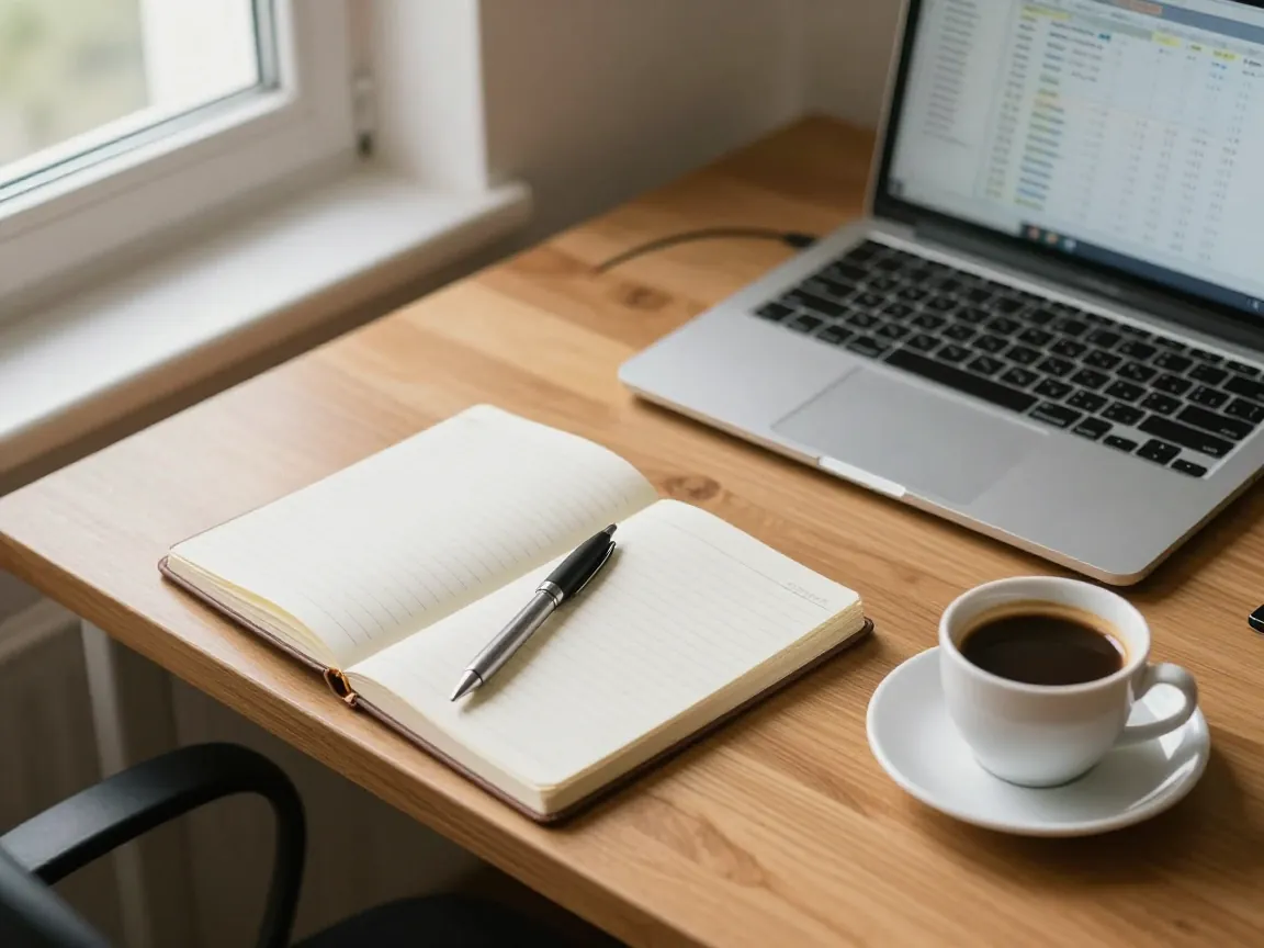 Desk with notebook, laptop, and coffee, natural light through a window.