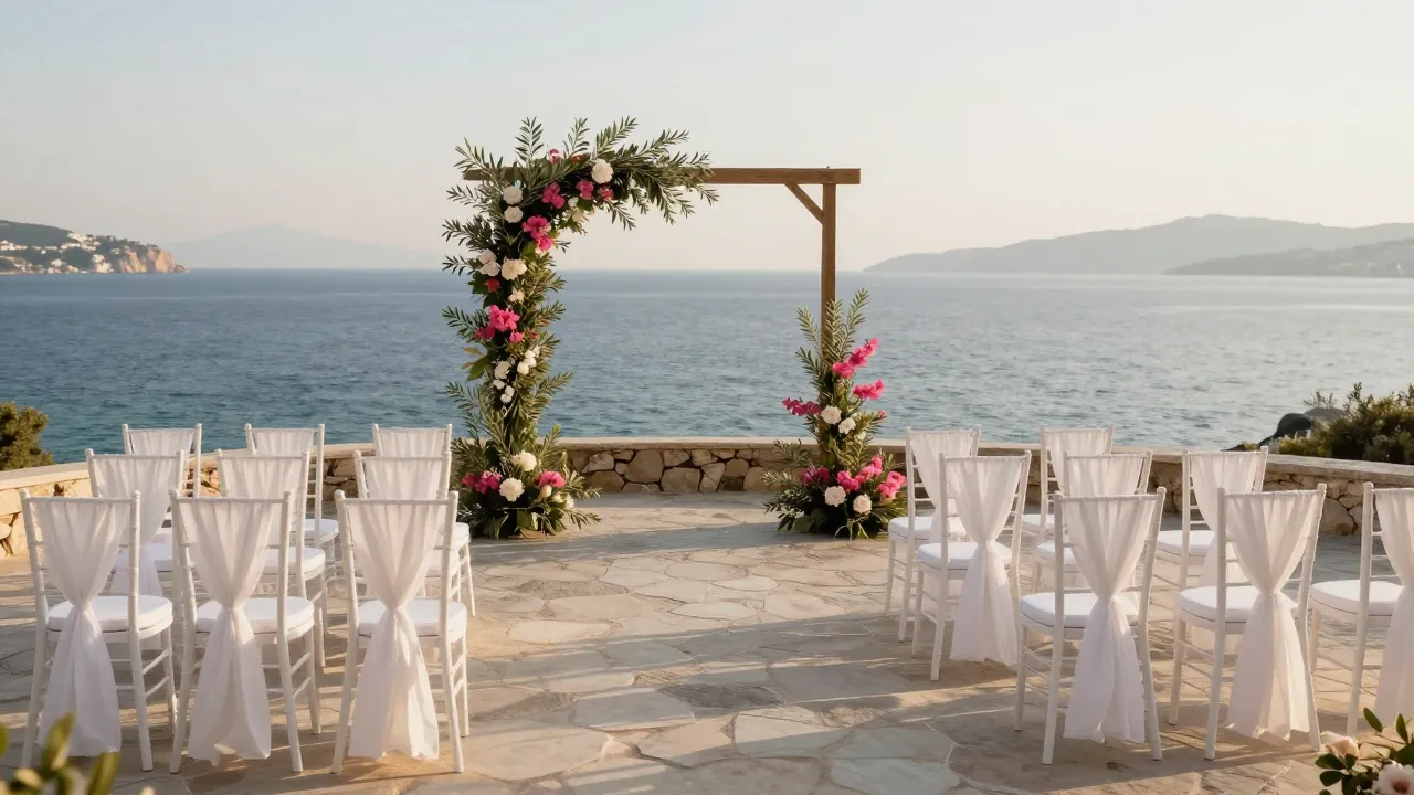 Outdoor wedding ceremony setup on a stone terrace overlooking the Aegean Sea at golden hour.