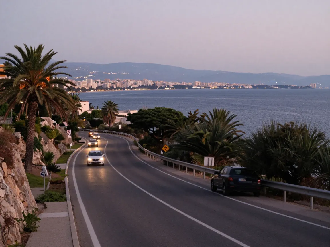 Coastal road at dusk with car headlights, palm trees and sea view along the Athens Riviera.