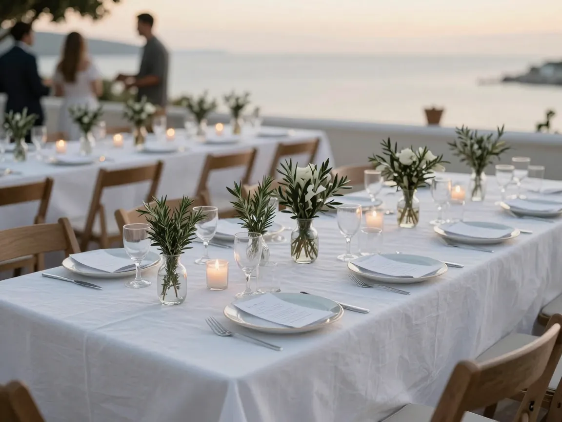 Overhead view of a Greek wedding reception table with white linen, rosemary and candles, sea in the background.