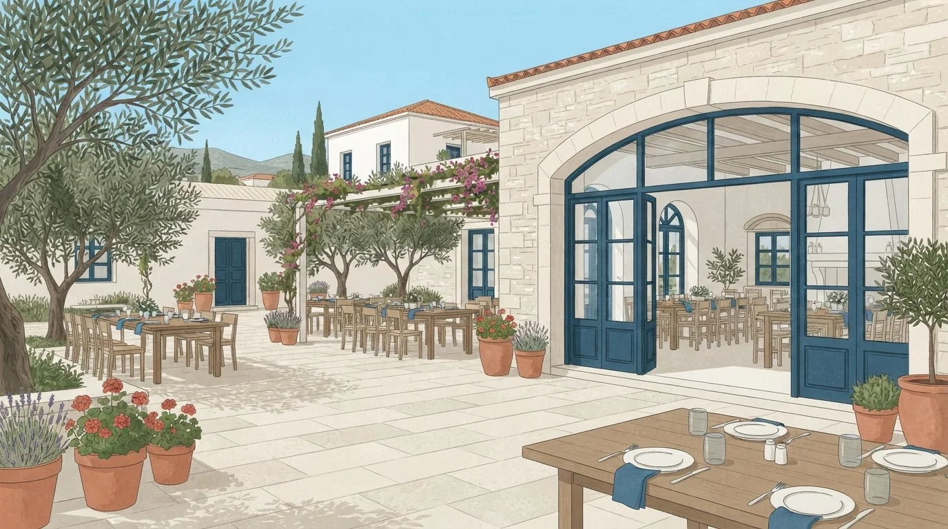 Illustrated venue setting: A baptism reception in Attica: leave room between the ceremony and lunch