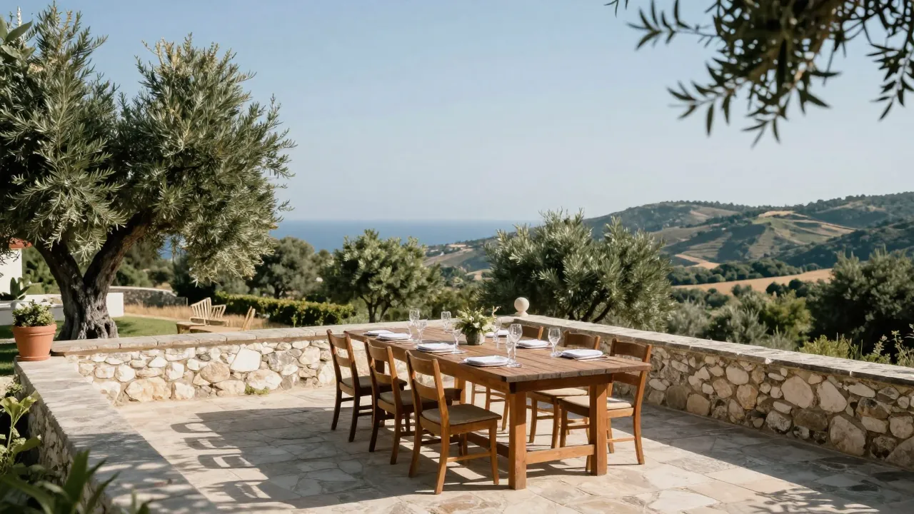 Sunlit stone terrace with set table, olive trees and distant sea view in Attica.