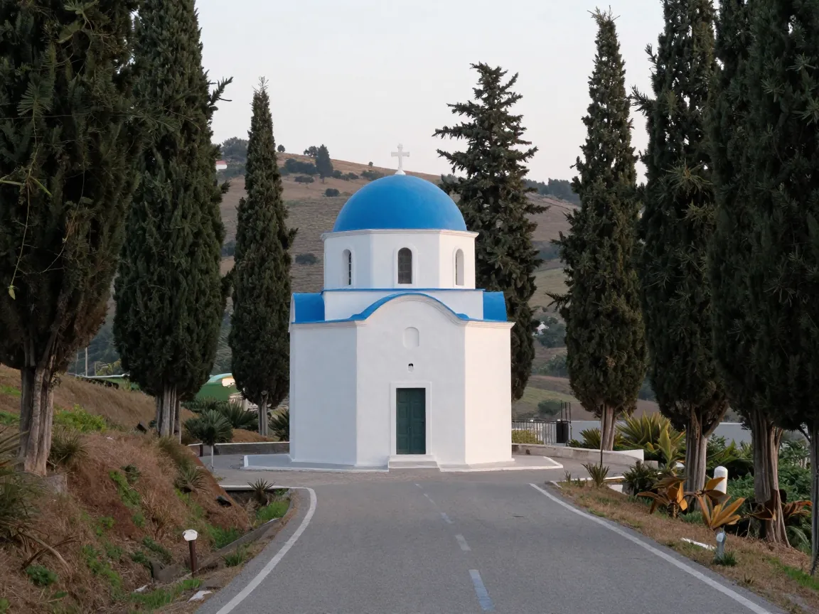 Ασπρισμένο εκκλησάκι με γαλάζιο τρούλο σε λόφο, κυπαρίσσια και δρόμος που στρίβει.