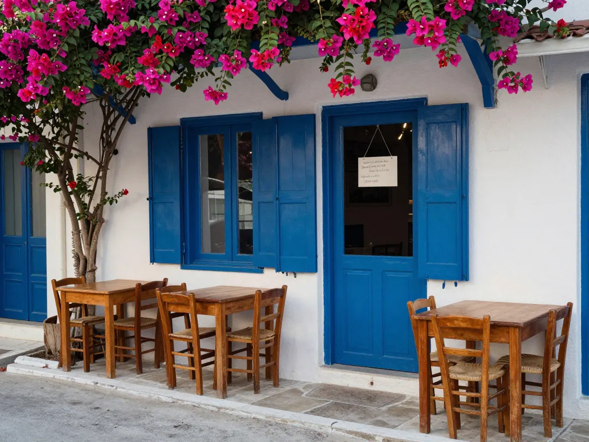 Κλειστή ταβέρνα με στοιβαγμένες καρέκλες και κλειστά παντζούρια σε ήσυχο δρόμο ελληνικού νησιού τον Αύγουστο.