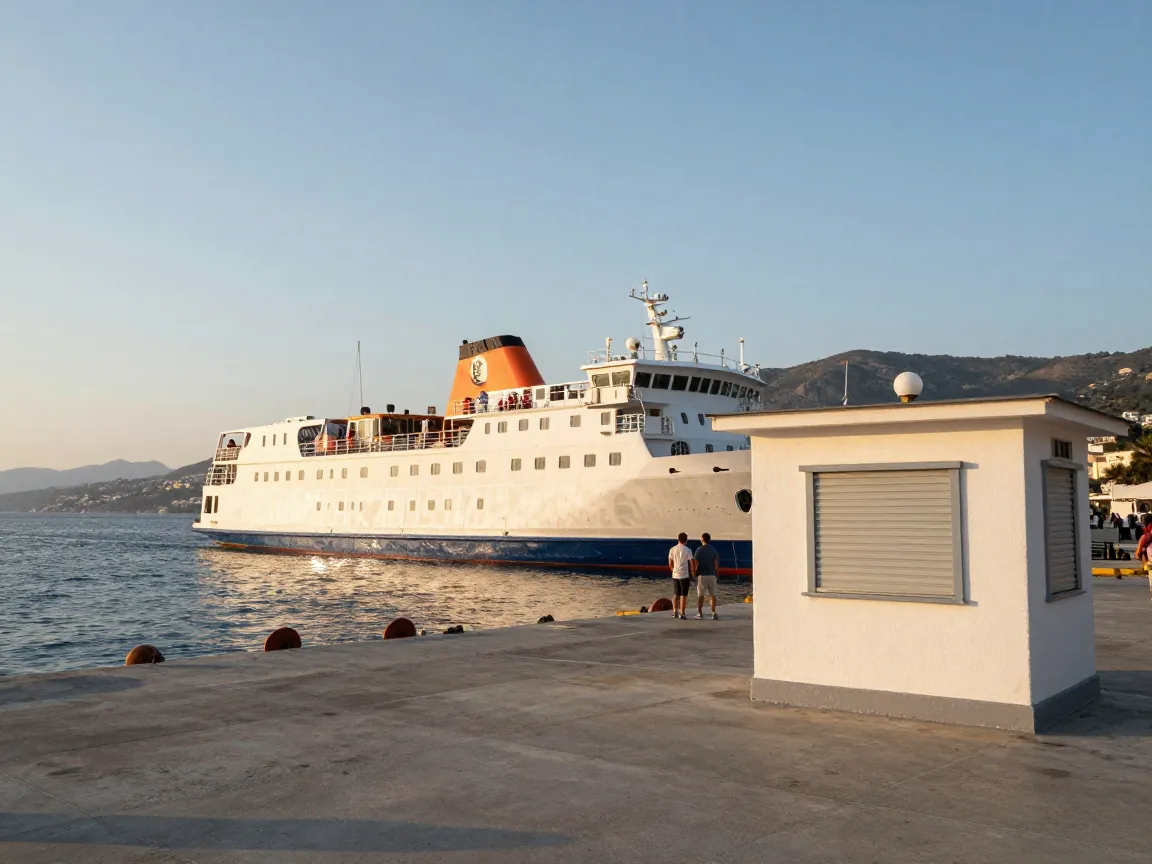 Μικρό λιμάνι με φεριμπότ στο ηλιοβασίλεμα στην Ελλάδα, επιβάτες επιβιβάζονται από πίσω και ένα ασπρισμένο κιόσκι δίπλα.