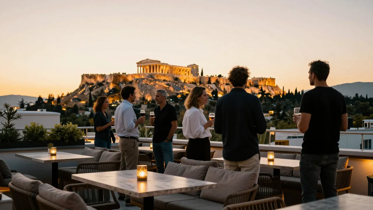 Group of adults socializing on an Athens rooftop at sunset with Acropolis view.