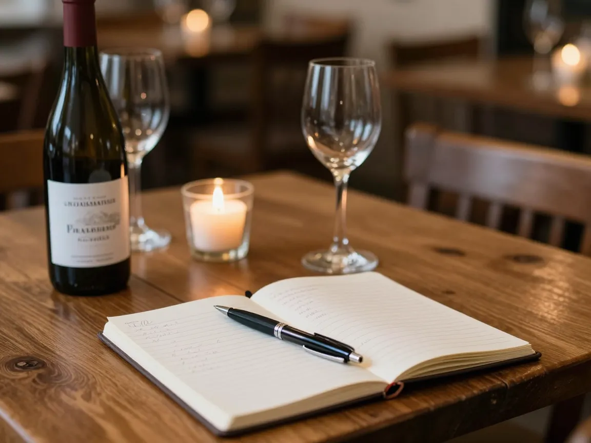 Close-up of a table with wine bottle, glasses, and a notebook in a taverna.