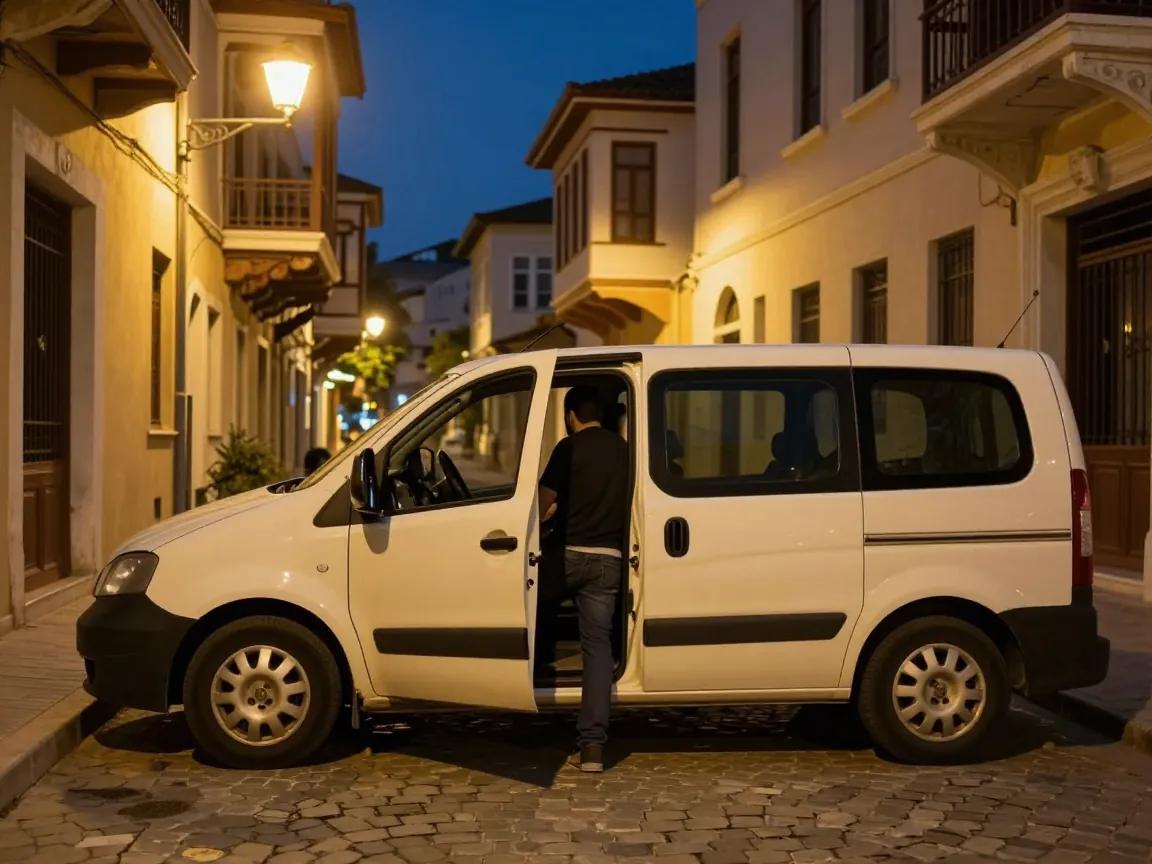 Minivan parked on a Monastiraki street at night with driver waiting.