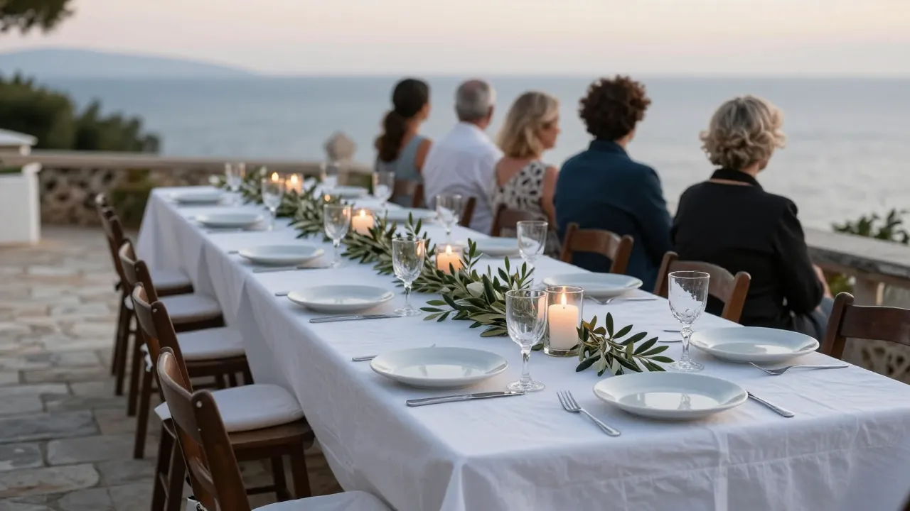 Outdoor table set for a Greek baptism reception with sea view, guests seen from behind.