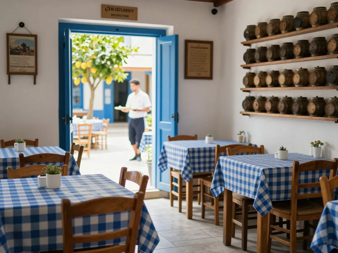 Taverna interior with wooden tables and checkered cloths, open door to sunlit courtyard.
