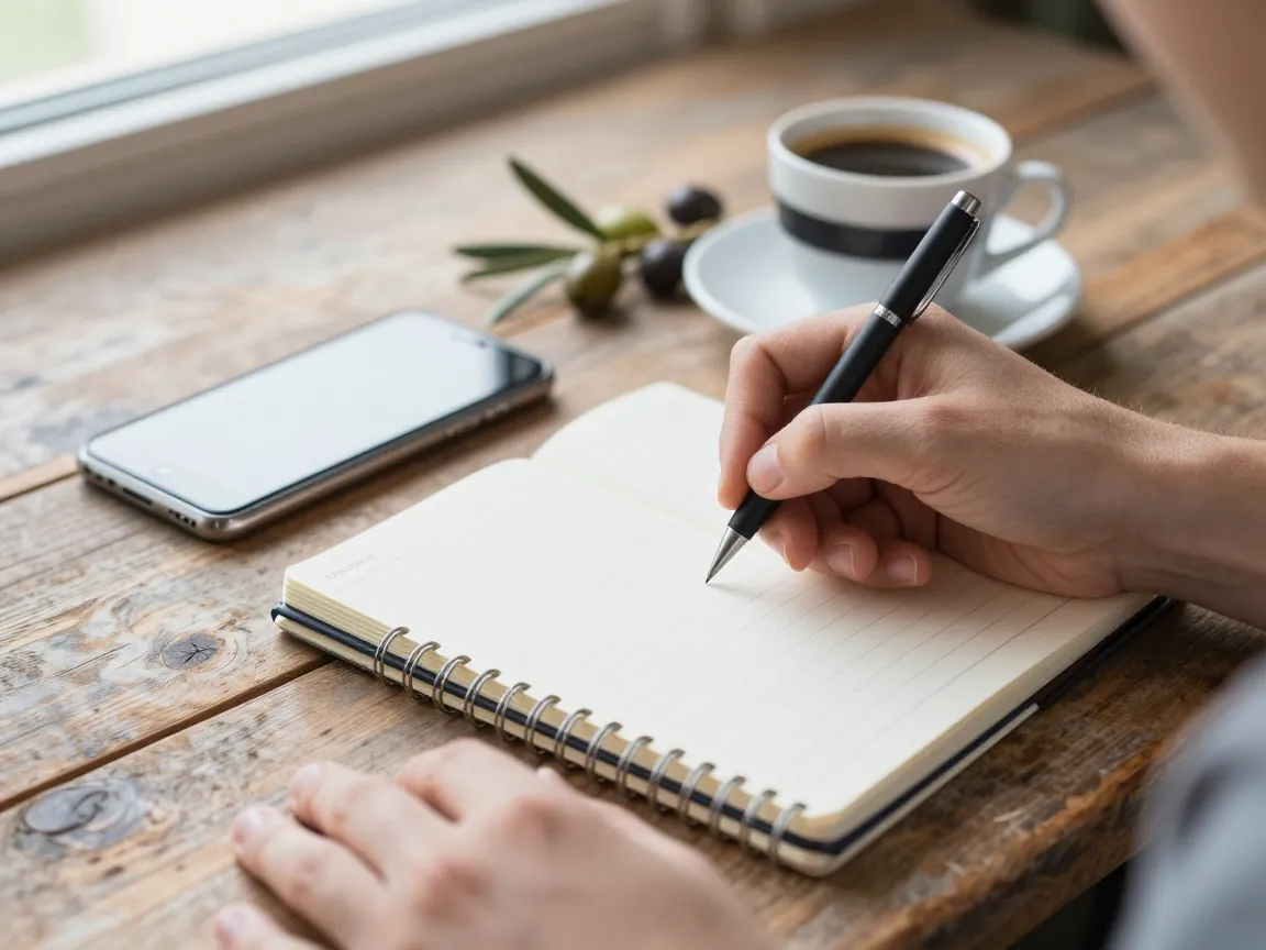 Close-up of hands writing in a notebook on a wooden table with coffee and phone.