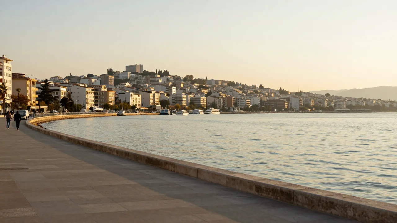 Sunlit Thessaloniki waterfront promenade at golden hour with the city hillside in soft haze behind.