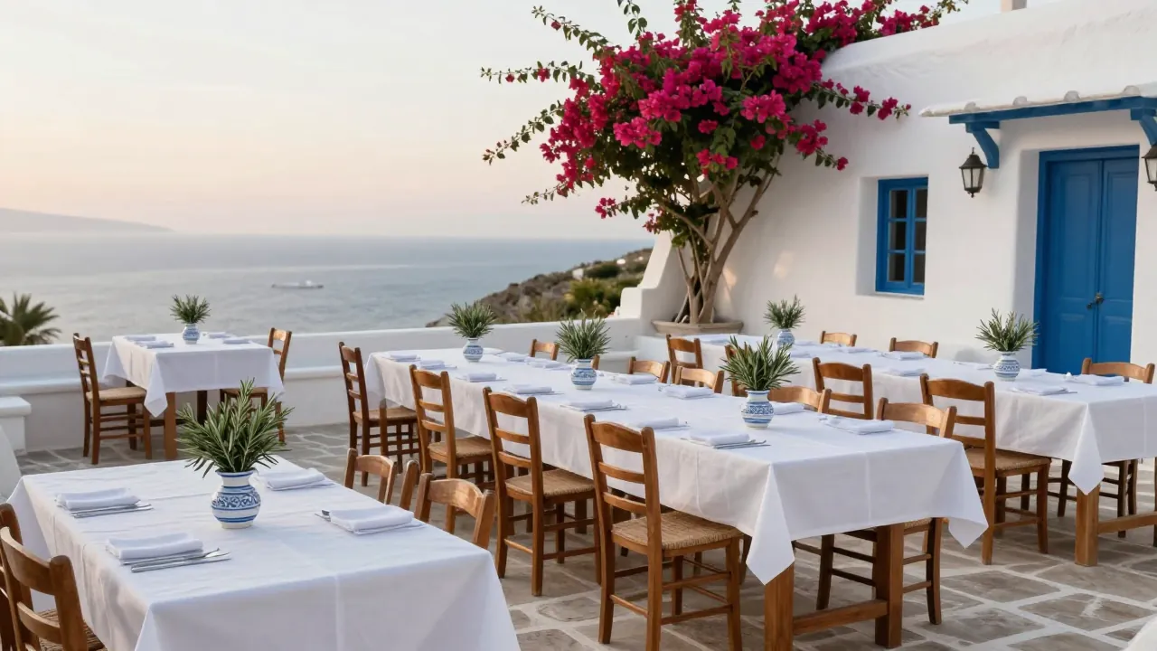 Whitewashed Cycladic courtyard set for a baptism meal, long tables, blue-and-white flowers, sea beyond.
