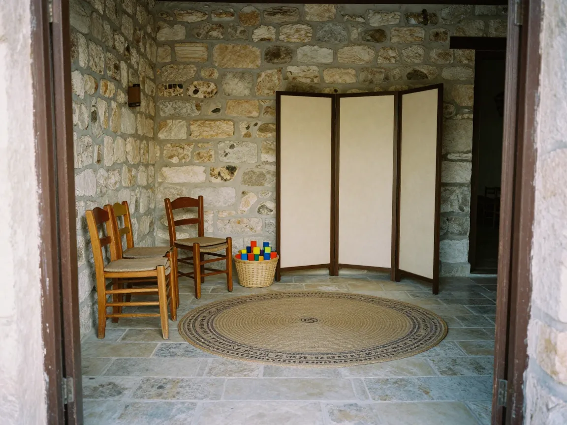 Cleared stone floor corner in a Cretan restaurant hall, low rug, basket of wooden blocks, stacked chairs.
