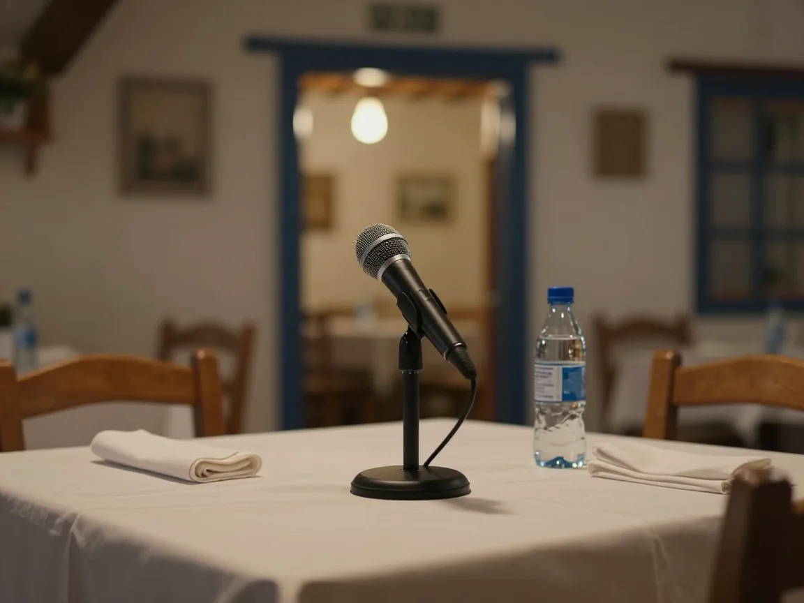 Wireless microphone on a stand on a white table in a village hall, blurred doorway to a second room behind.