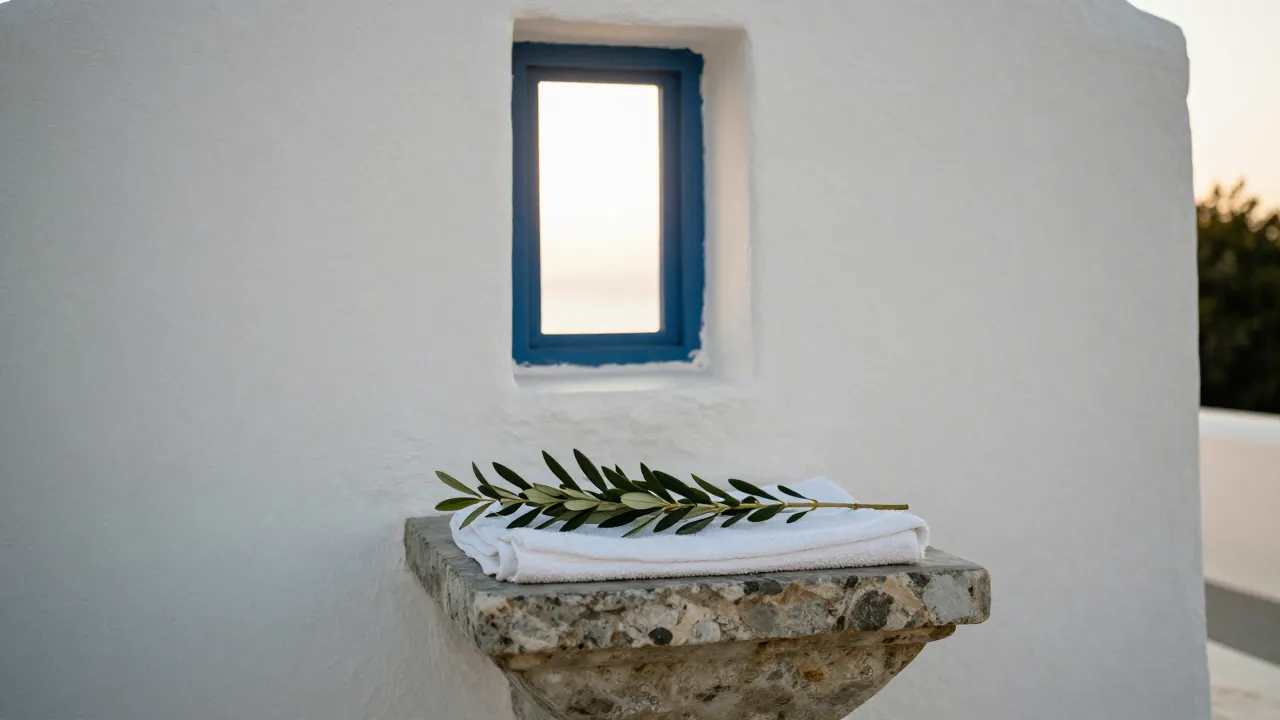 Sunlit baptismal font in a whitewashed island chapel, with olive branch and towel on a stone ledge.