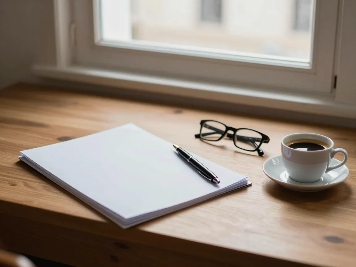 Wooden desk with closed folder, pen, glasses and Greek coffee by a sunlit window in a village office.