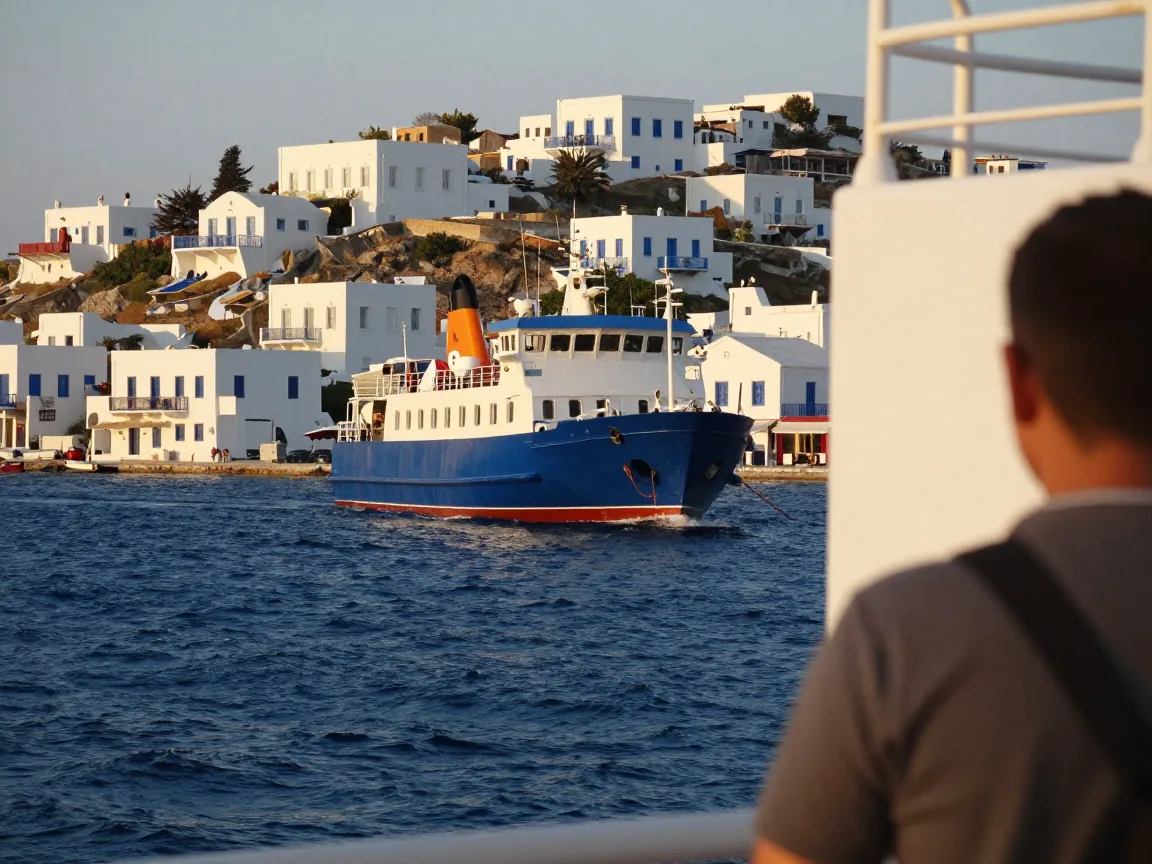 Small ferry approaching a Cycladic island port with whitewashed houses and blue sea at golden hour.