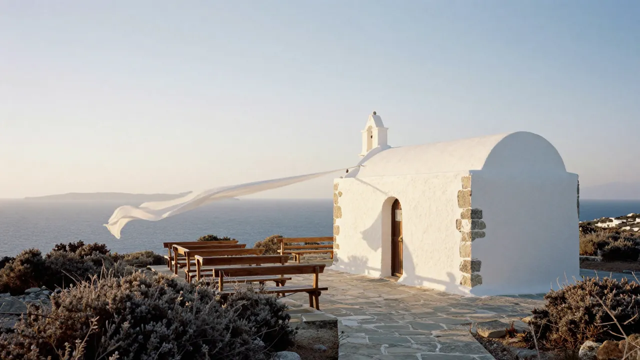 Whitewashed chapel on a Cycladic headland above the sea, benches set for a ceremony at golden hour