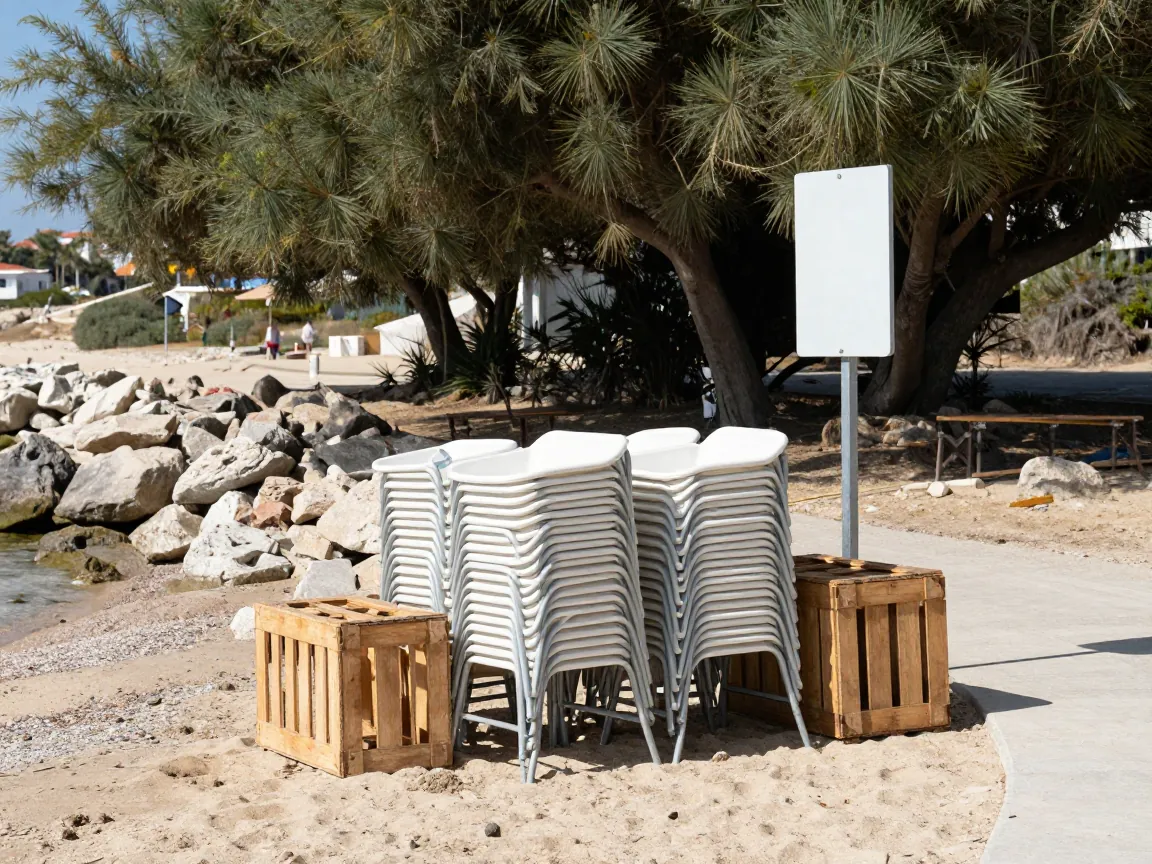 Folded ceremony chairs and crates on the sand beside a beach access path, tamarisk trees and rocks behind
