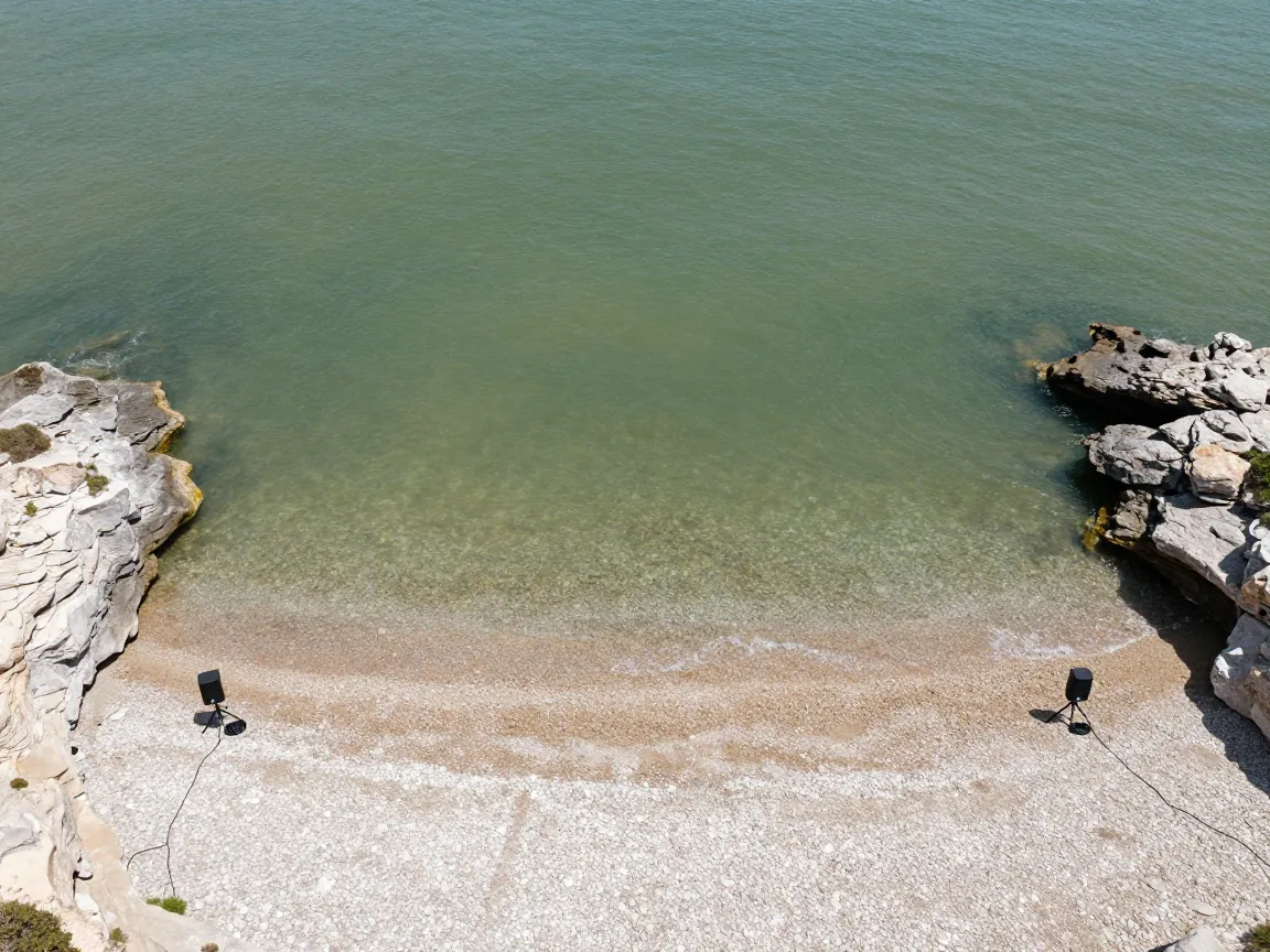 Sheltered Greek cove from above with pale pebbles and two tripod speakers set on the empty sand