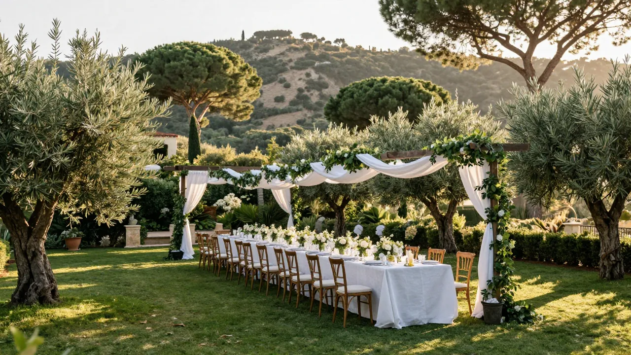 A long table set for a baptism feast in a sunlit Attica garden with olive trees and hills beyond.