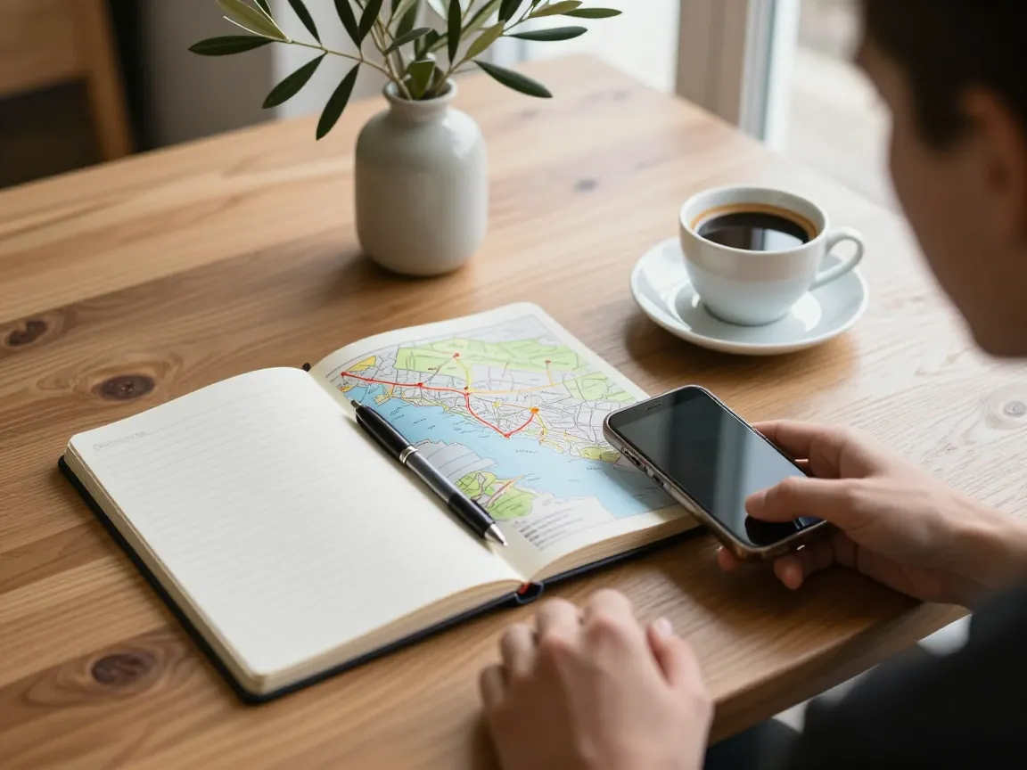 A notebook, pen, smartphone and map of Attica on a wooden table with Greek coffee and olive branches.