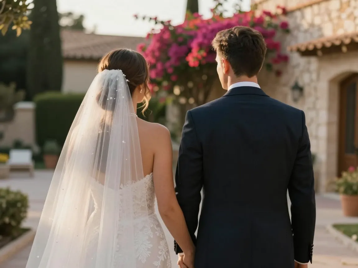 A bride and groom from behind walking through a bougainvillea-filled courtyard of an Attica estate at golden hour.