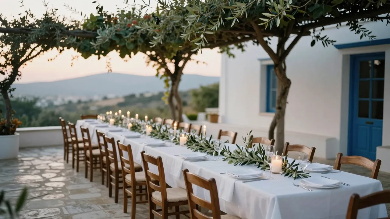 Elegant courtyard of a Greek estate set for a baptism reception, with a long table, candles, and olive branches at golden hour.