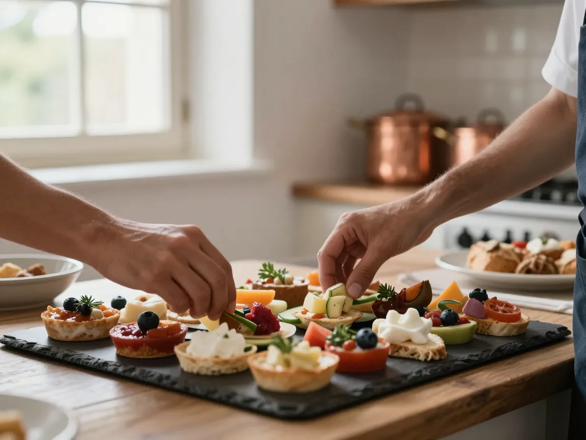 Χέρια catering τοποθετούν ελληνικούς μεζέδες σε πιατέλα σε ρουστίκ κουζίνα κτήματος με φυσικό φως.