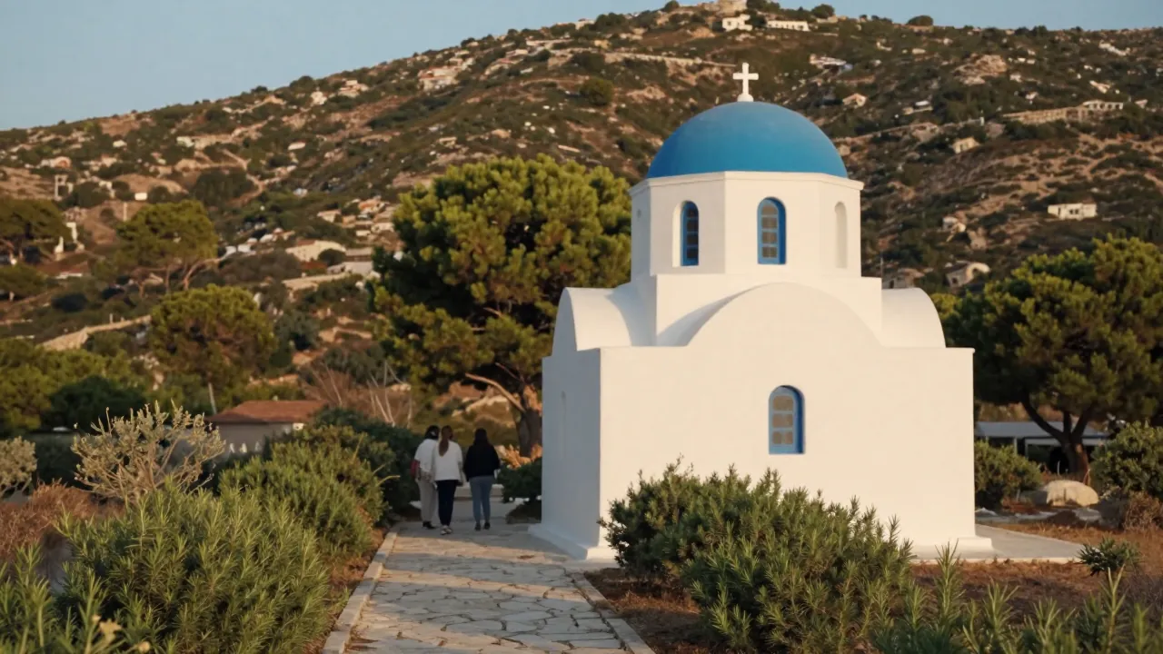 Whitewashed chapel with blue dome on a pine hillside in Acharnes, guests walking toward it from behind.