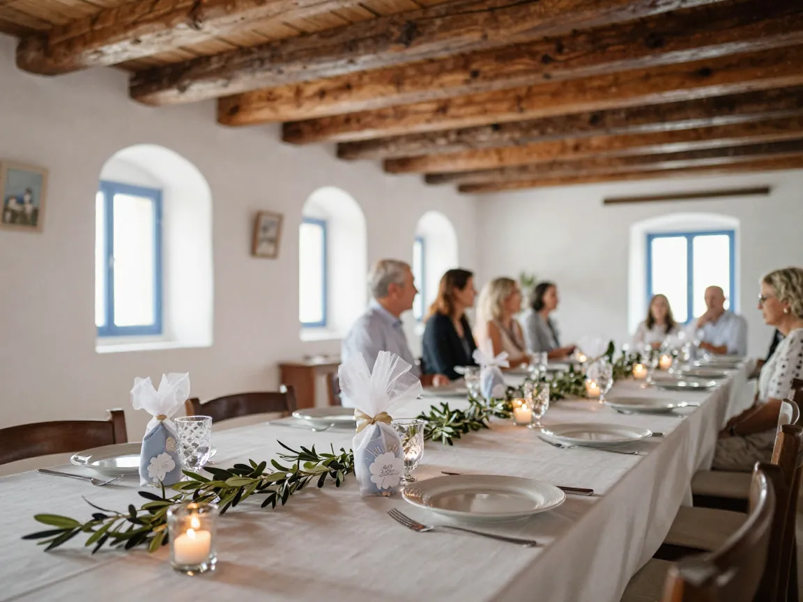 Rustic Greek reception hall interior set for a baptism with white linen, olive branches, candles and favors.
