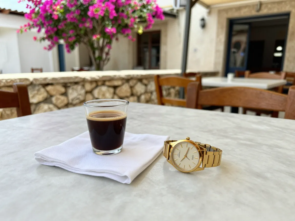 Gold wristwatch on marble table with Greek coffee and napkin in sunlit courtyard with bougainvillea.